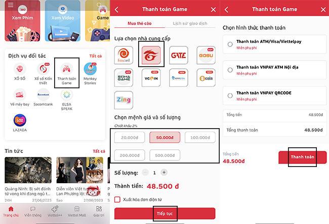 mua the garena tren my viettel