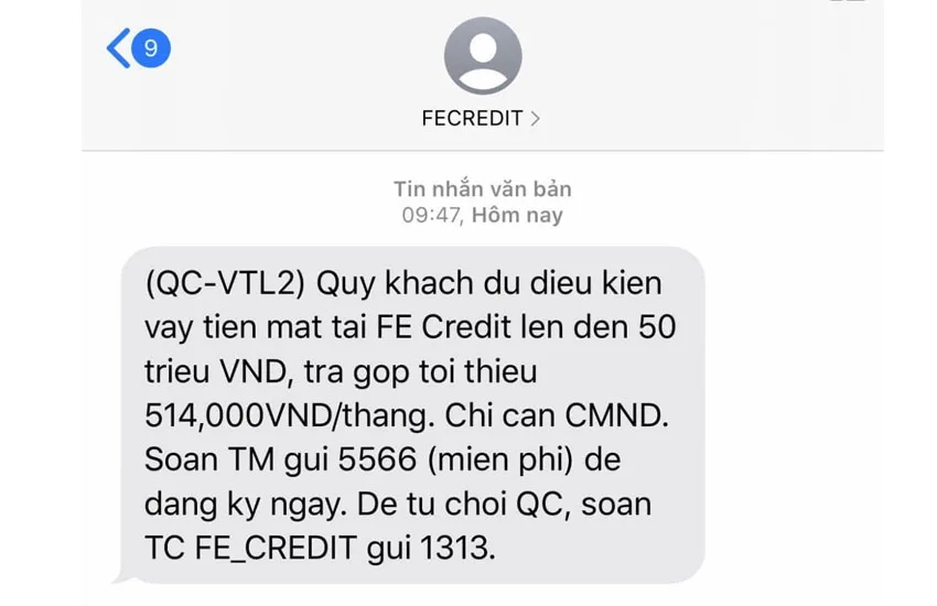 Fe Credit gui tin nhan moi vay tien