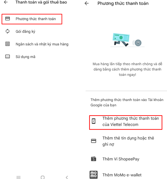 them phuong thuc thanh toan google play viettel