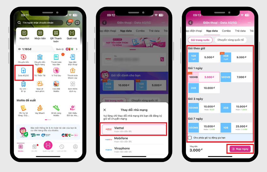 Cach mua the nap data Viettel qua MoMo