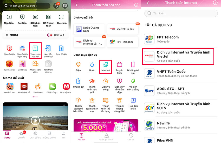 thanh toan wifi viettel qua momo