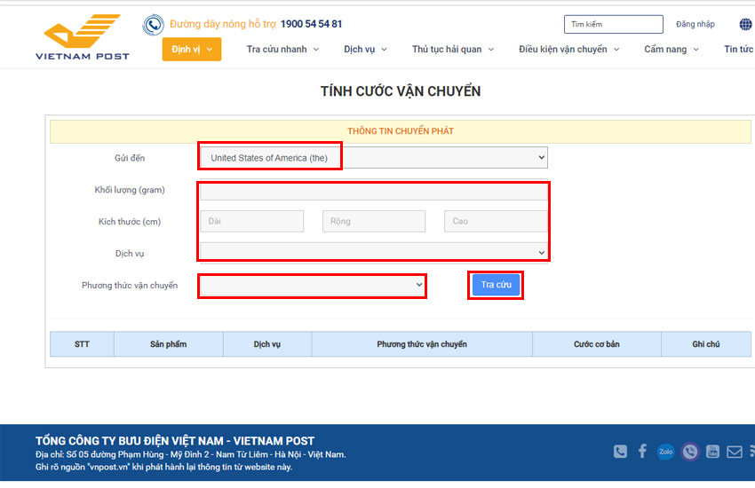 tra phi gui don hang sang my qua vnpost