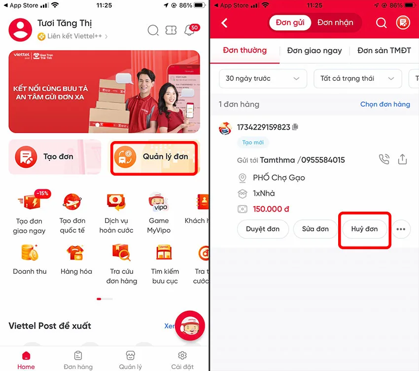 huy don hang tren viettel post